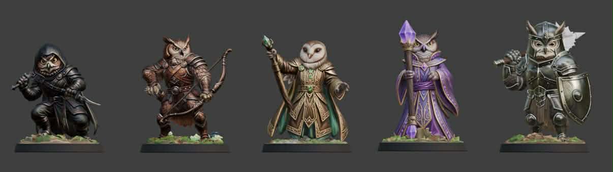 HootQuest miniature character lineup